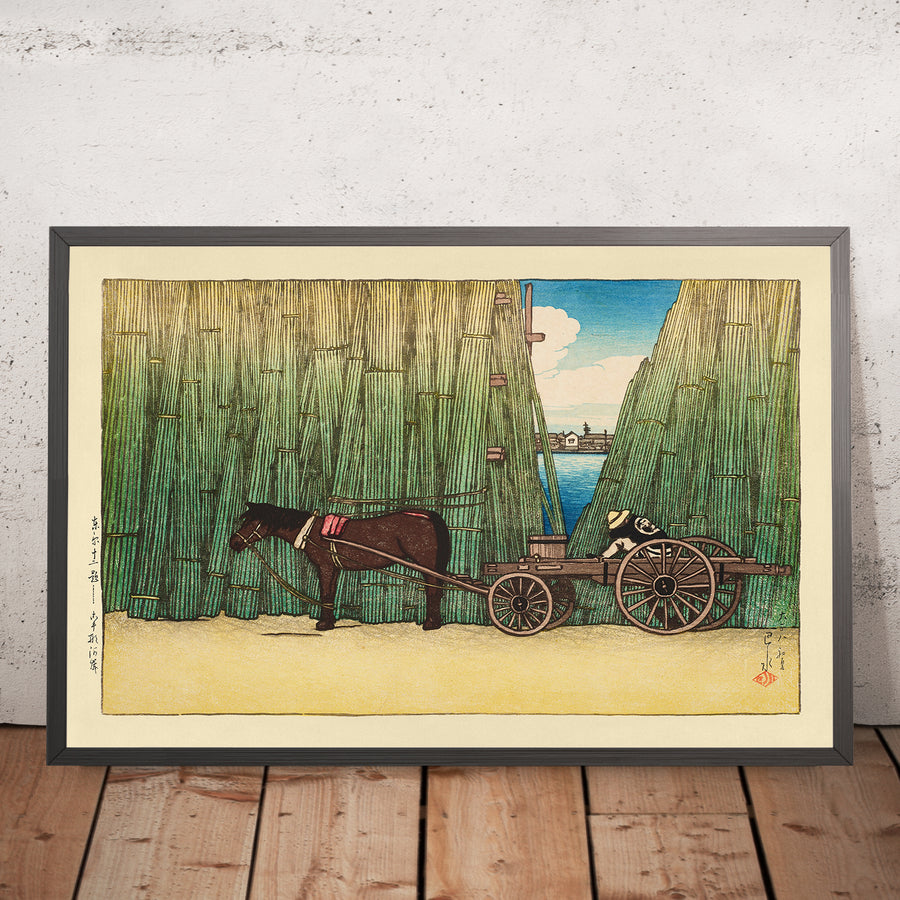 A framed image of River bank Komagata by Hasui Kawase 1935