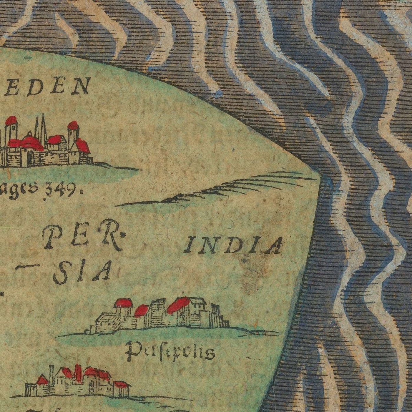 Mapa del Viejo Mundo de la hoja de trébol de Bunting, 1582: Centro de Jerusalén, diseño de trébol, elementos fantásticos