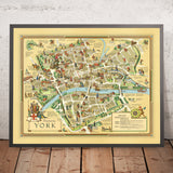Alte bildliche Karte von York von Clark 1947: York Minster, Clifford's Tower, Shambles, Monk Bar, Jorvik 