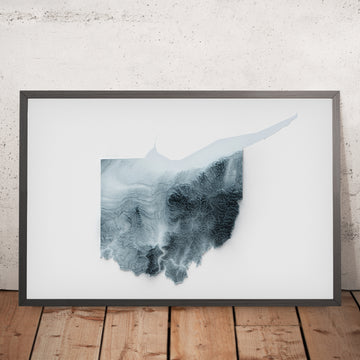 Ein gerahmtes Bild einer topografischen Reliefkarte von Ohio im 3D-Stil