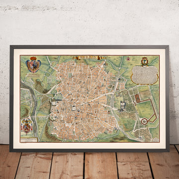 Ancienne carte de Madrid par de Fer, 1705 : Palais Royal, Calle Mayor, Campo Grande, Blasons, Églises 