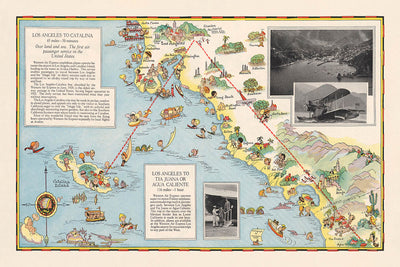 Pictorial Map of Los Angeles to Catalina Airline Route, 1929: Western Air Express, Casino Resort, Tri-Motored Fokker, Santa Monica, Pasadena