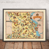 Mappa Pittorica del Missouri di Ruth Taylor White, 1935: St. Louis, Kansas City, Ozarks, fiumi Mississippi e Missouri, Jefferson City 