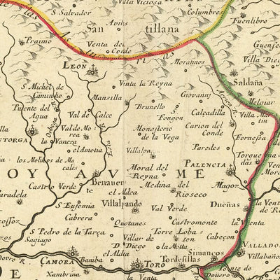 Ancienne carte du nord de l'Espagne par Sanson, 1652 : Burgos, Valladolid, fleuve Duero, golfe de Gascogne, frontières