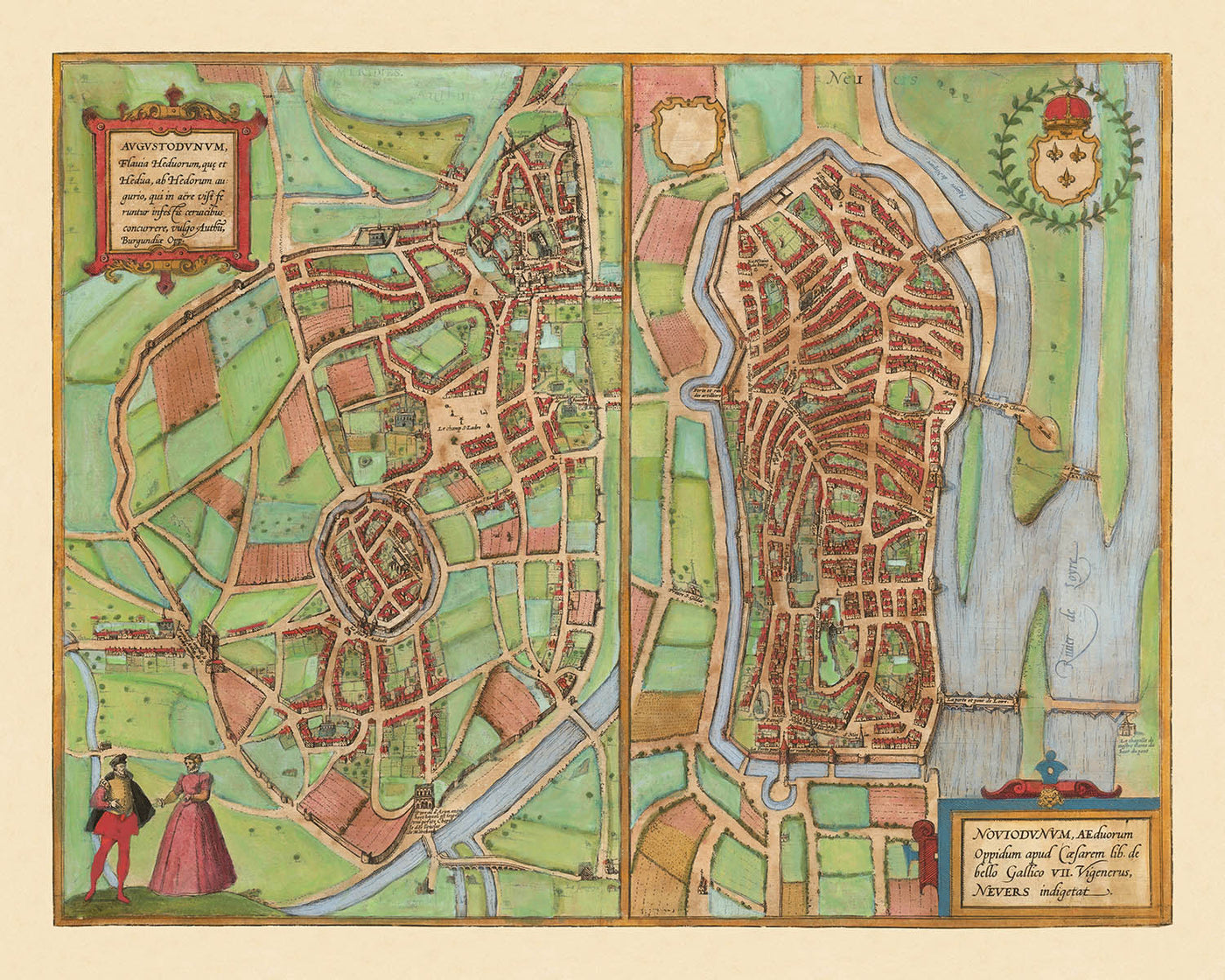 Old Map of Autun & Nevers by Braun & Hogenberg, 1581: City Walls, Cathedrals, Ducal Palace, Loire & Arroux Rivers, Bridges