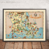 Mapa pictórico de Luisiana de Ruth Taylor White, 1935: Nueva Orleans, Baton Rouge, jazz, bayous, Mardi Gras 