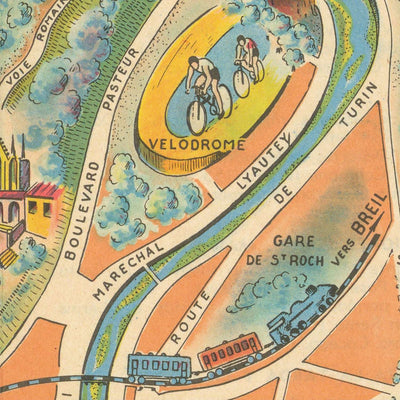 Old Pictorial Map of Nice by Poisson, 1950: Promenade des Anglais, Victorine Studios, Castle, Notre Dame, Baie des Anges