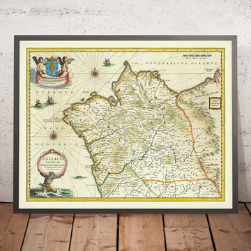 Ancienne carte de Galice, Espagne par Blaeu, 1640 : Saint-Jacques, La Corogne, Vigo, Neptune, Monstre marin 