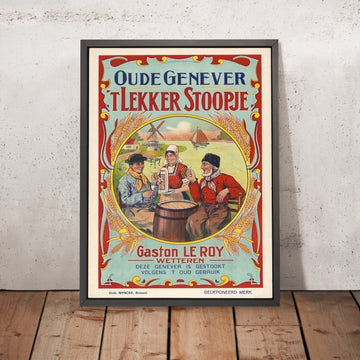 A framed image of ‘t Lekker Stoopje Vintage Genever Poster, 1919