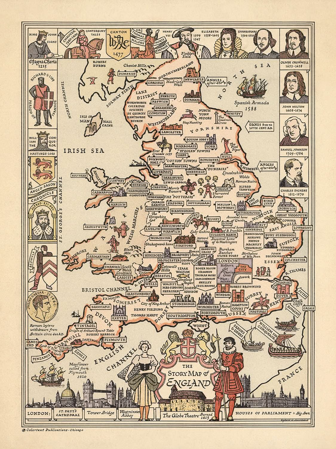 Mapa pictórico antiguo de Inglaterra, 1936: Stonehenge, teatro Globe, parlamento, barcos y cartela