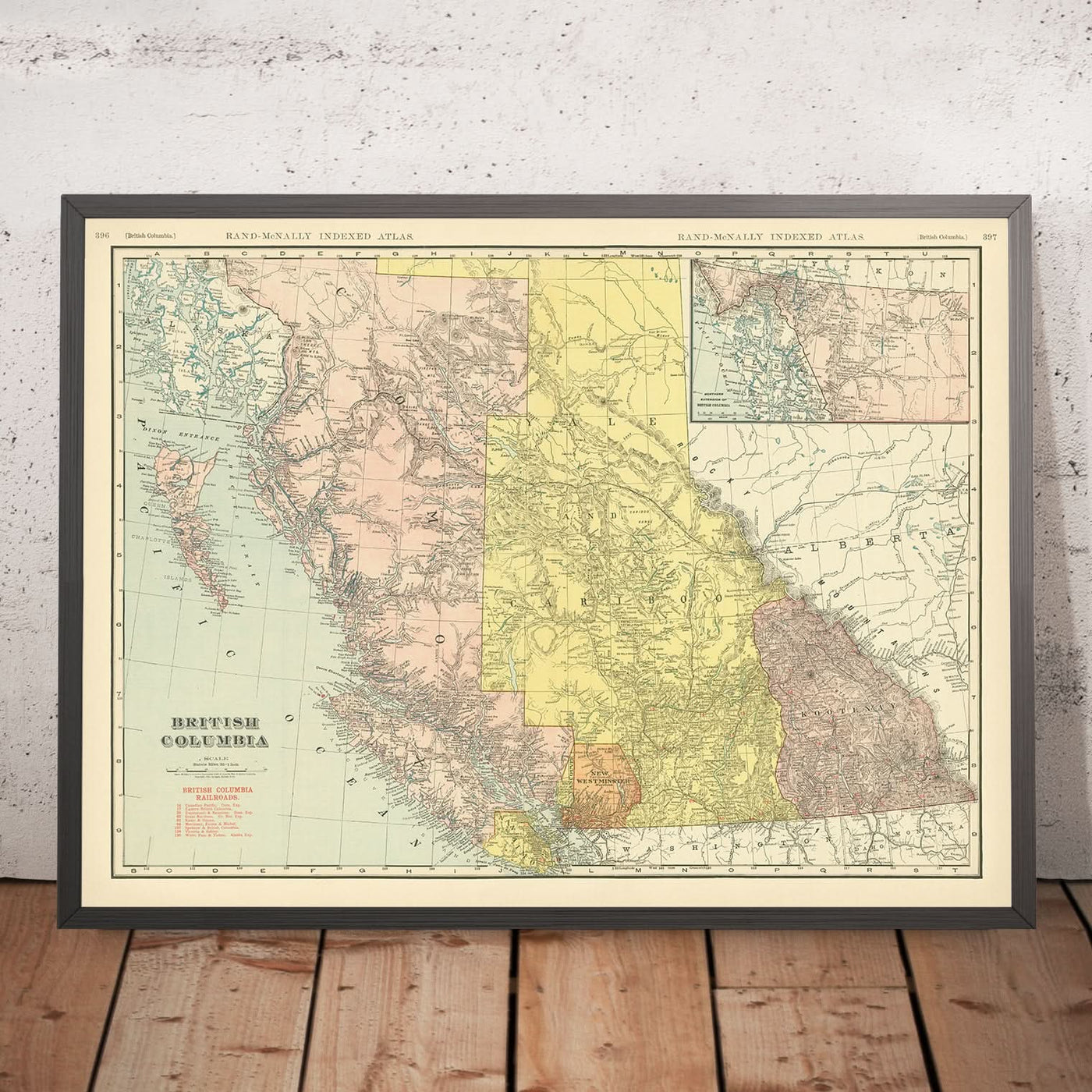 Mapa antiguo de Columbia Británica, 1911: Vancouver, Victoria, ensenadas costeras, montañas, ferrocarriles