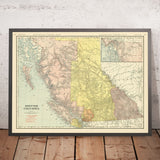 Mappa antica della Columbia Britannica, 1911: Vancouver, Victoria, insenature costiere, montagne, ferrovie 