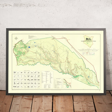 Antiguo mapa pictórico del Parque Nacional Real de Nairobi, Kenia, 1966: Mbagathi R., sede del parque, Lang&