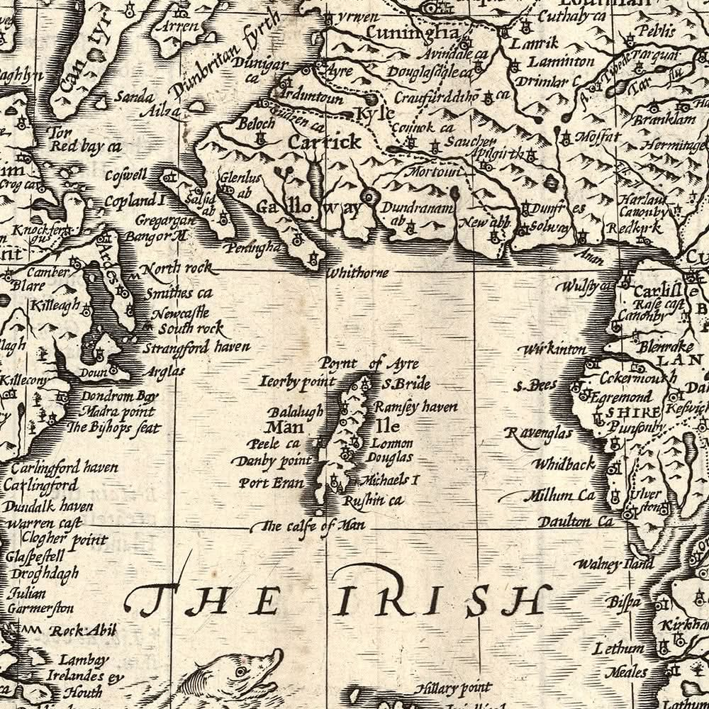 Old Map of Great Britain and Ireland by Speed, 1676: London, Edinburgh, Dublin, Orkneys, Sea Monsters