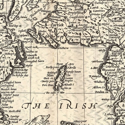 Carte ancienne de la Grande-Bretagne et de l'Irlande par Speed, 1676 : Londres, Édimbourg, Dublin, Orcades, monstres marins