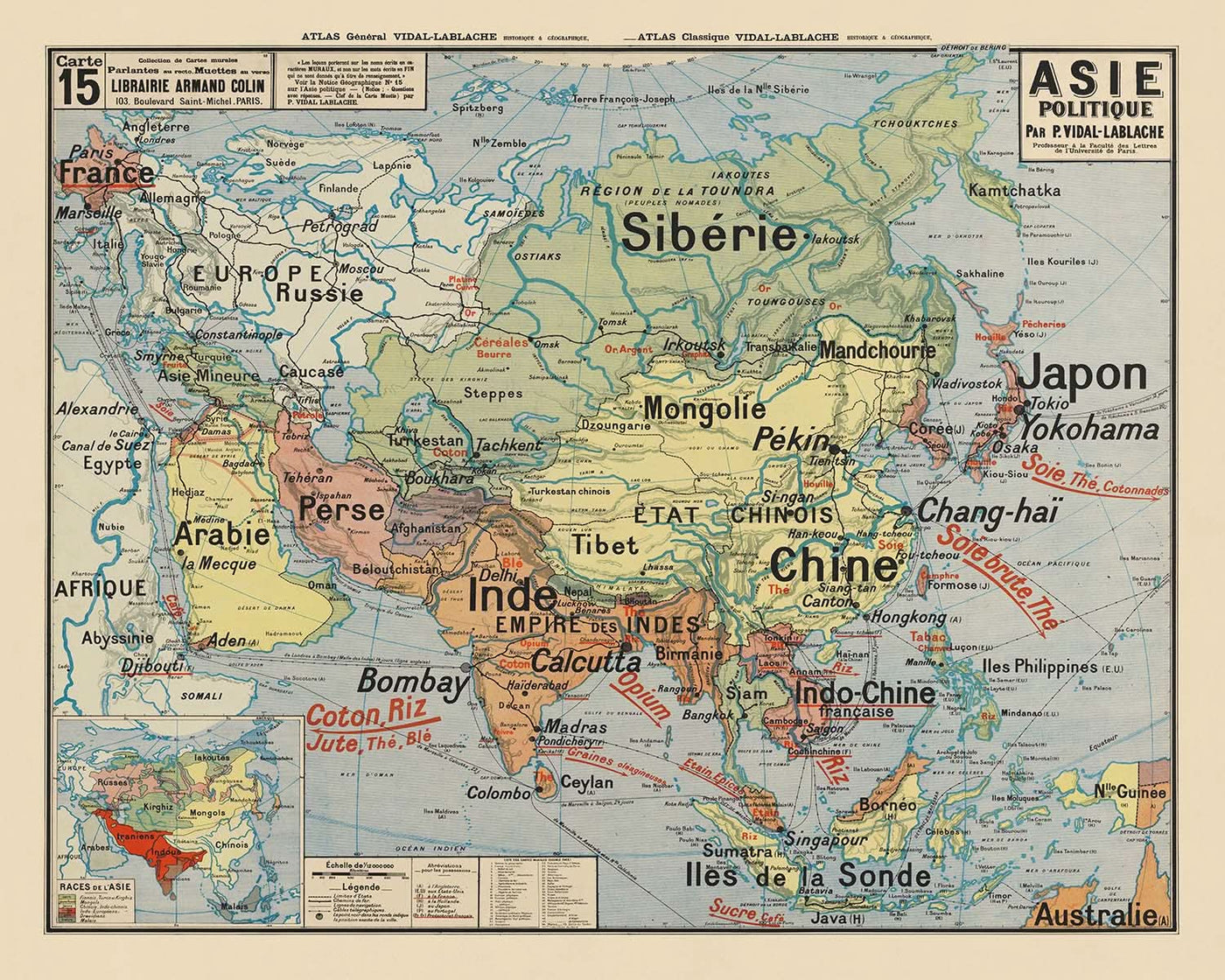 Old Political Wall Map of Asia by Vidal Lablache, 1921: Educational Design, Colonial Influence