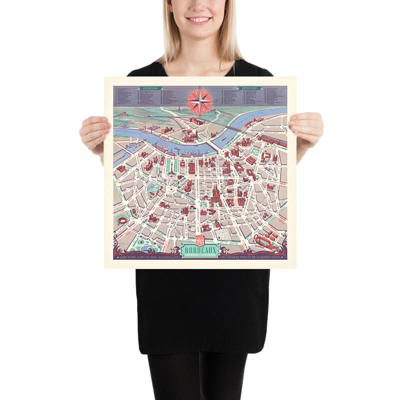 Vecchia mappa di Bordeaux, 1950: Place de la Comédie, Quinconces, Grand Théâtre, Pont de Pierre, Parc Bordelais 