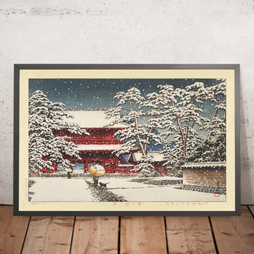 Una imagen enmarcada del Templo Zojoji en la nieve, Tokio, por Hasui Kawase, 1929