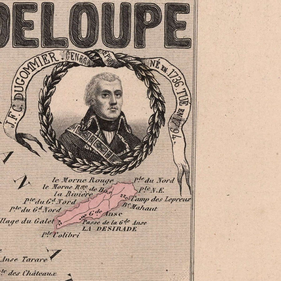 Antica mappa della Guadalupa di Vuillemin, 1869: Pointe-à-Pitre, Basse-Terre, Grande-Terre, Marie-Galante, canna da zucchero 