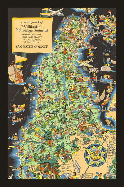 Pictorial Map of San Mateo County, California by Ruth Taylor White, 1930: Southern Pacific Railroad, Crystal Springs Reservoir, Dumbarton Bridge, Redwood City, Half Moon Bay