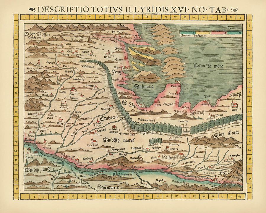 Antica mappa rara di Croazia e Slovenia di Münster, 1552: fiume Drava, costa adriatica, Zara, confini ottomani, montagne 