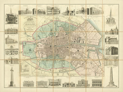 Mapa antiguo de Dublín de Cooke, 1836: Catedral de San Patricio, Trinity College, O'Connell Street, Merrion Square, río Liffey