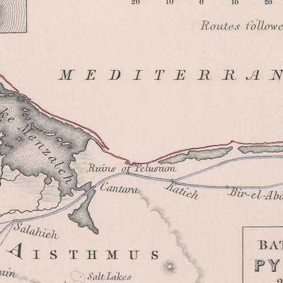 Alte Militärkarte von Napoleons Schlachten in Ägypten und Syrien, 1801: Abukir, Pyramiden, Kairo, Suez, Nil