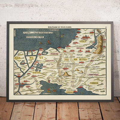 Antiguo mapa temático del Éxodo de Bunting, 1592: Jerusalén, Mar Rojo, Sinaí, Gosén, Madián