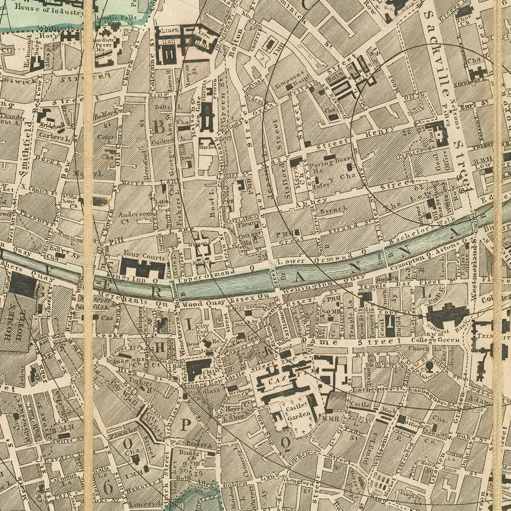 Mapa antiguo de Dublín de Cooke, 1836: Catedral de San Patricio, Trinity College, O'Connell Street, Merrion Square, río Liffey