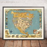 Old Pictorial Map of North America by Storm, 1948: Texas, Houston, Miss. River, Rockies, Great Lakes