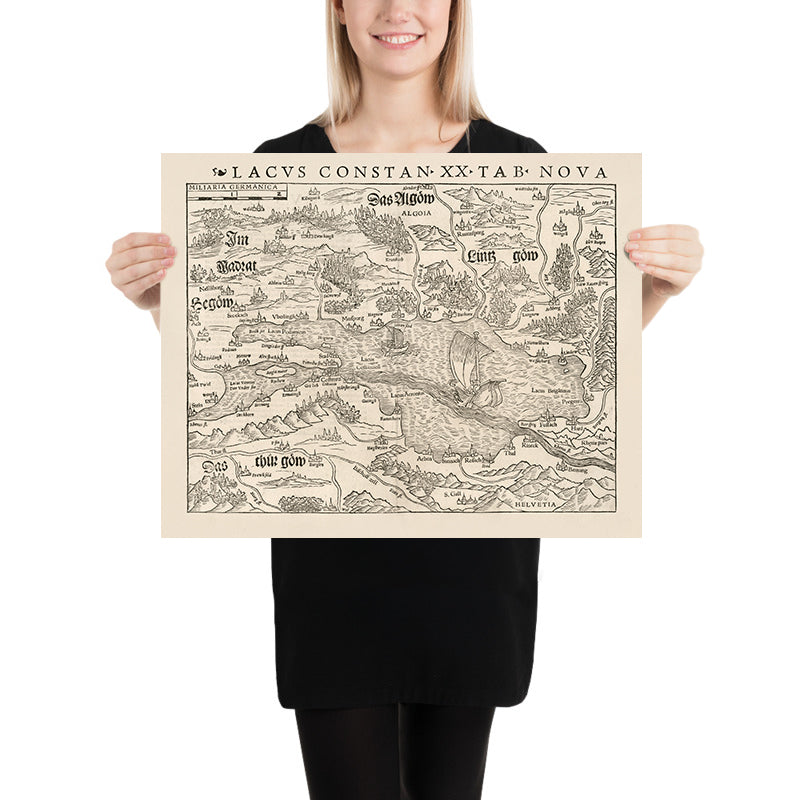 Old Map of Lake Constance by Munster, 1540: German-Swiss-Austrian Border, Konstanz, Lindau, Bregenz, St. Gallen, Holbein Style
