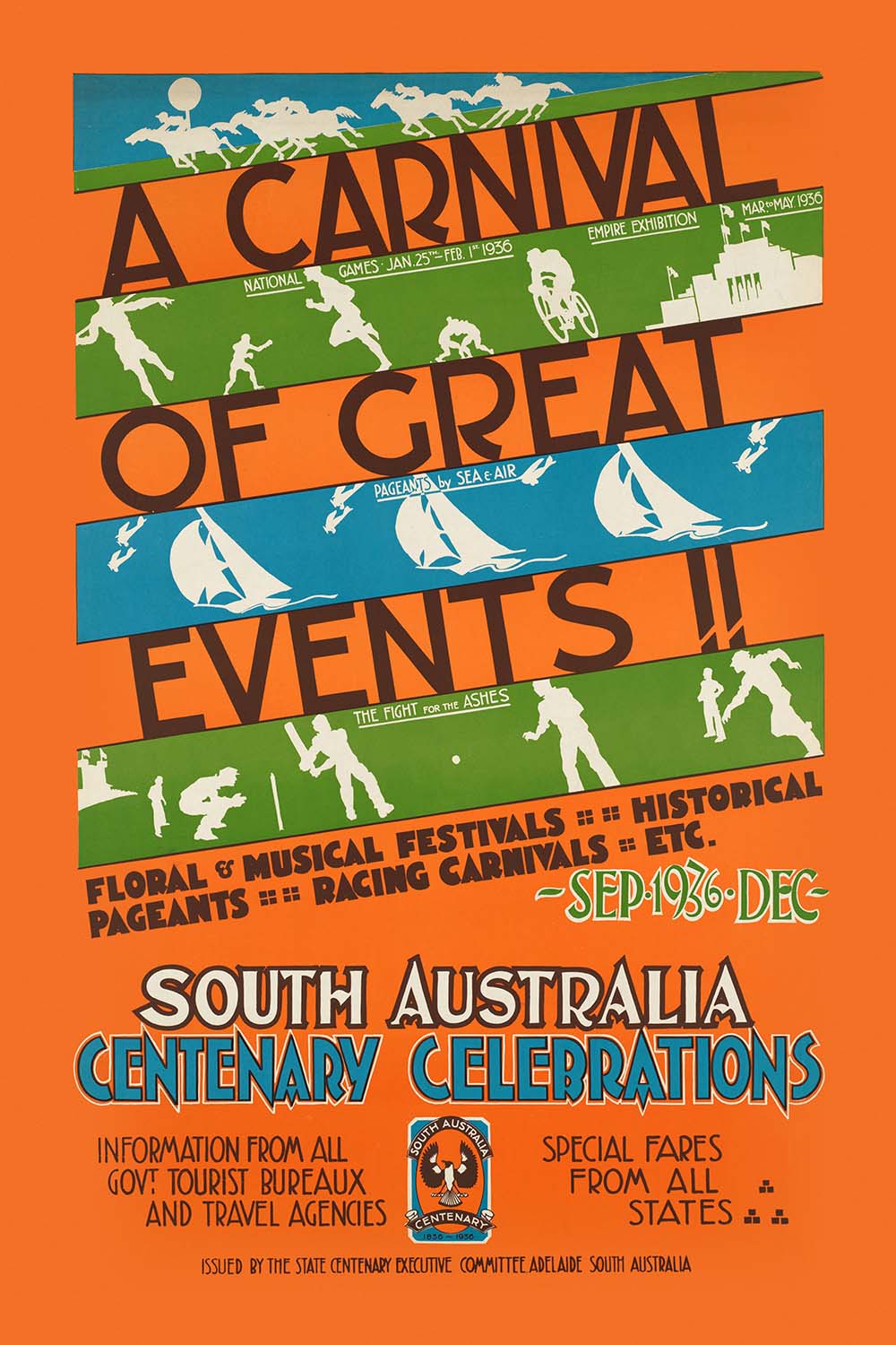 South Australia Travel Poster: A Carnival of Great Events by Anonymous, 1936