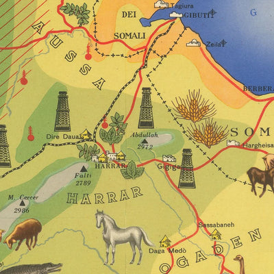 Antiguo mapa ilustrado de Etiopía y Somalia de Kalchschmidt, 1936: Adís Abeba, Mogadiscio, Golfo de Adén, Océano Índico, ilustraciones de vida silvestre.