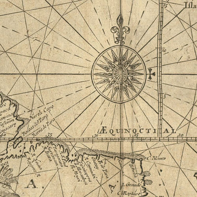 Ancienne carte nautique de l'océan Atlantique par Mount, 1766 : côtes, loxodromies, rose des vents