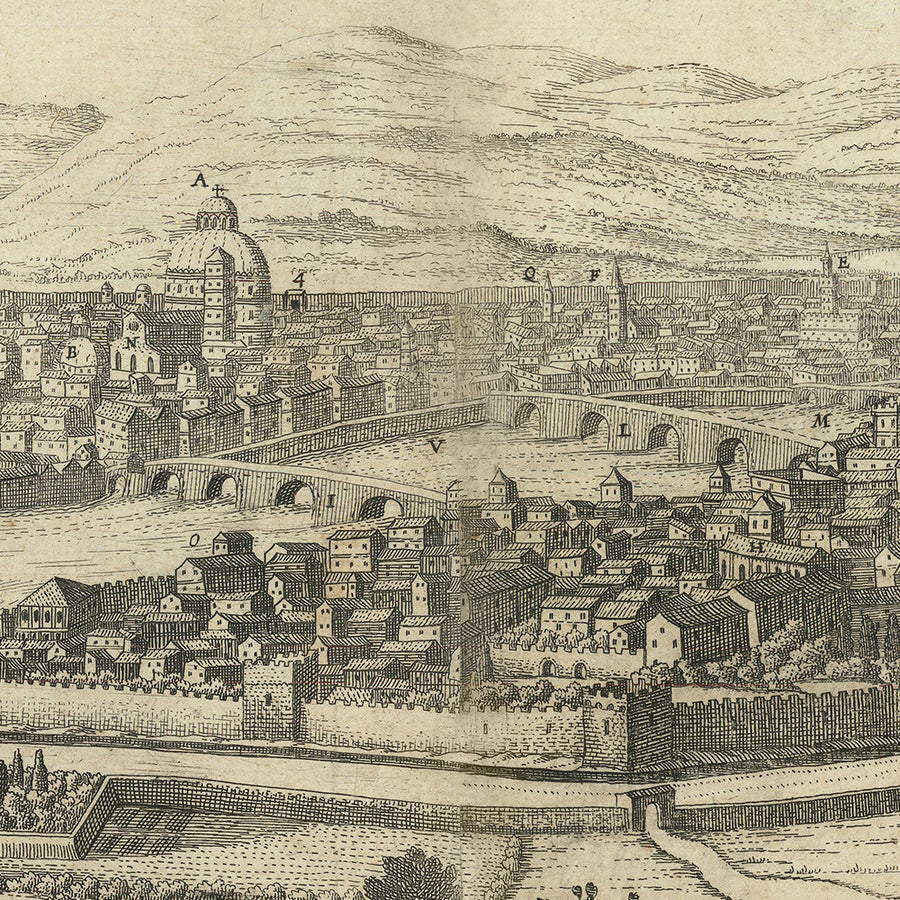 Vecchia mappa Birdseye di Firenze di Boisseau, 1648: Cattedrale, Battistero, Palazzo Medici, Fiume Arno, Mura della città 