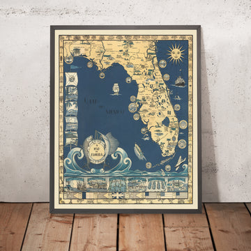 Alte Karte von Floridas Geschichte von Foster, 1935: Spanische Kolonisierung, Britische Herrschaft, Südstaaten-Konföderation, Eingliederung in die USA 