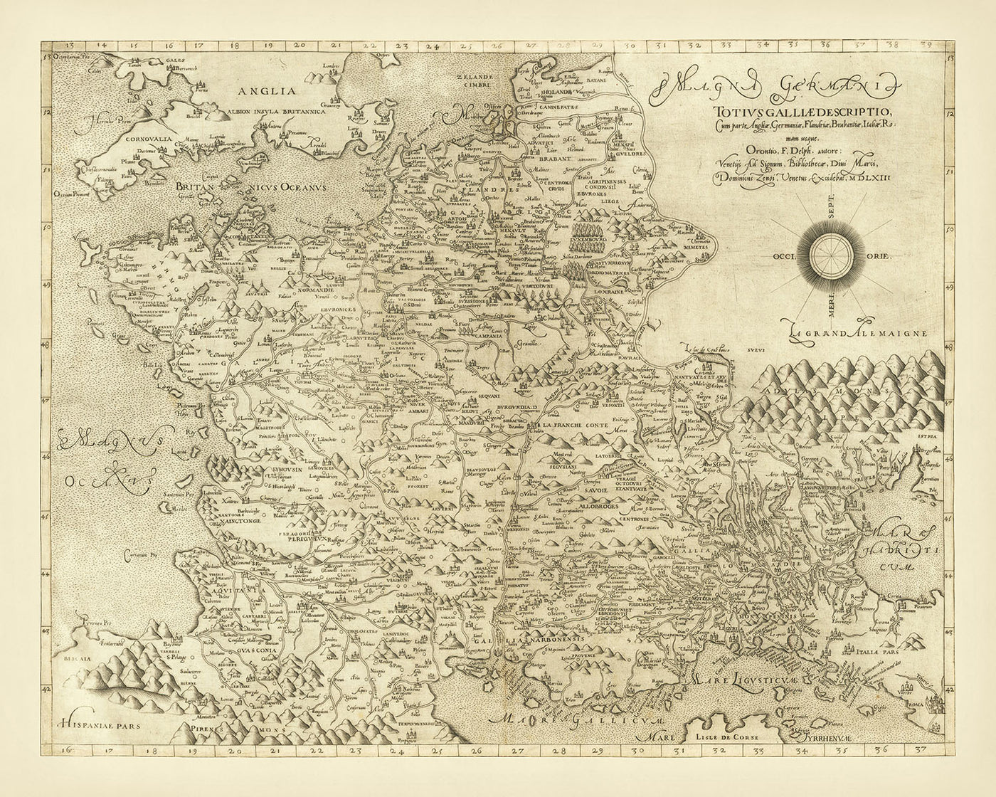 Mapa antiguo y raro de Francia y los Países Bajos de Zenoi, 1561: París, Roma, Alpes, Pirineos, rosa de los vientos