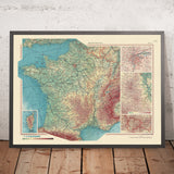 Mappa antica della Francia, 1967: Andorra, Massiccio Centrale, Lione, Corsica, Dettagliata Politica e Fisica 