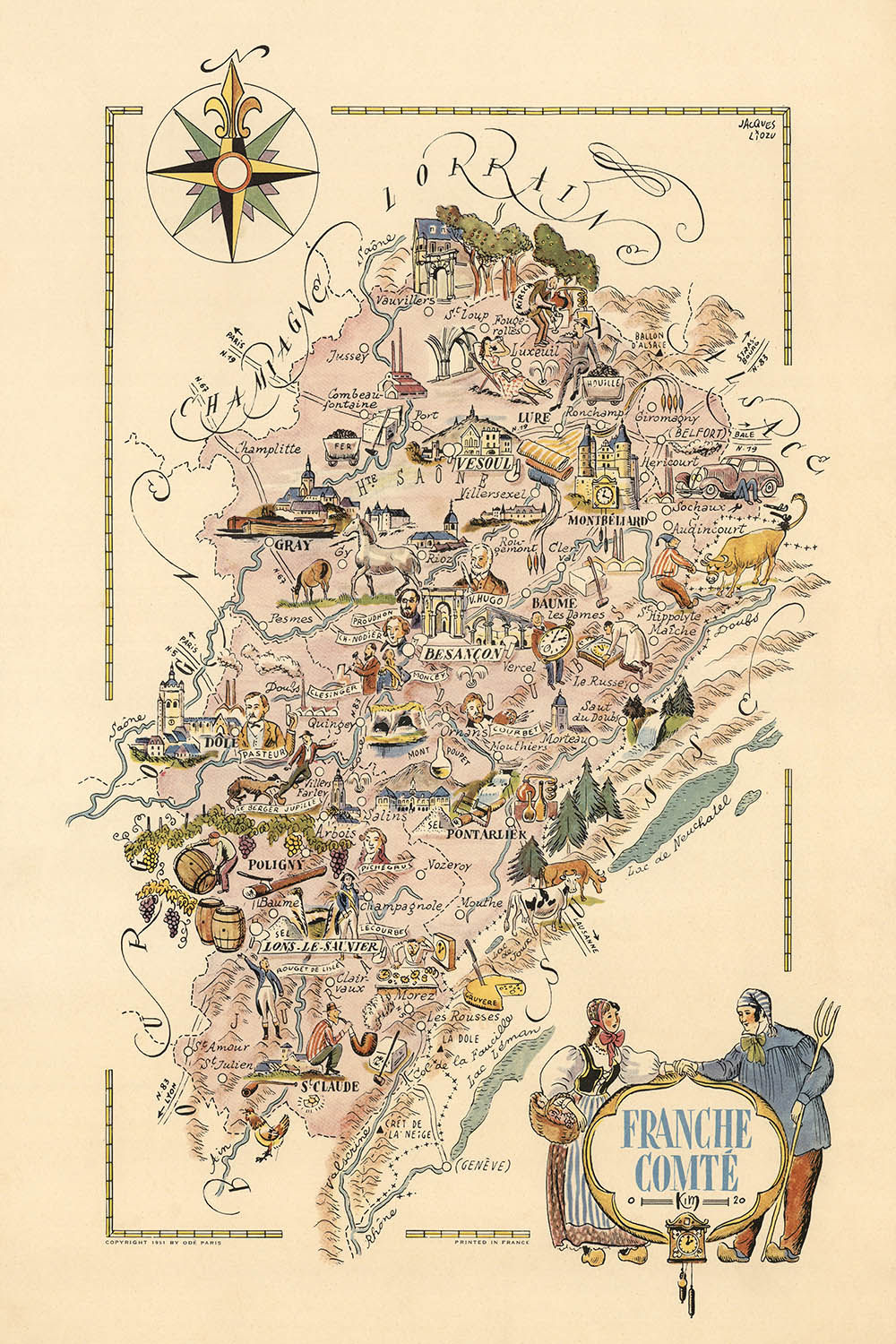 Antiguo mapa pictórico del Franco Condado de Liozu, 1951: Besançon, Belfort, Montbéliard, ríos, castillos