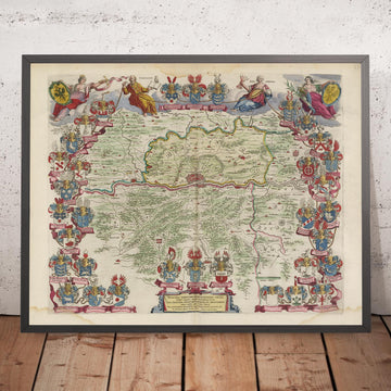 Vecchia mappa di Francoforte e sobborghi di Joan Blaeu, 1665: Offenbach am Main, Bad Homburg, Neu-Isenburg, Dreieich, Kelsterbach, fiume Meno 
