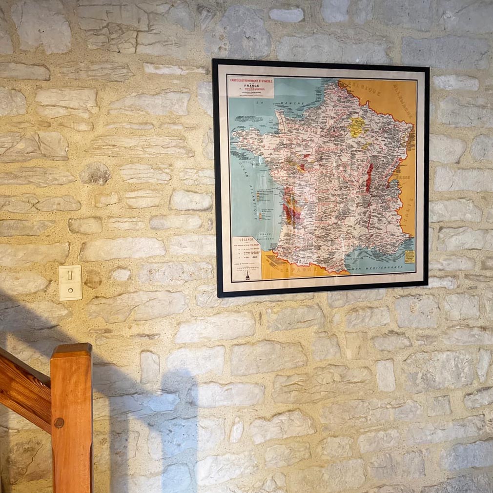 Antiguo mapa gastronómico de Francia en 1932 por Alain Bourguignon - Comida francesa, Michelin, Champagne, Burdeos, Mantequilla, Queso, etc.