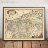 Mappa antica di Friesland e Groningen di Visscher, 1690: Oldenburg, Zwolle, Leeuwarden, Emmen, Kampen 