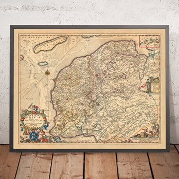Old Map of Friesland by Visscher, 1690: Leeuwarden, Drachten, Heerenveen, Sneek, De Alde Feanen National Park