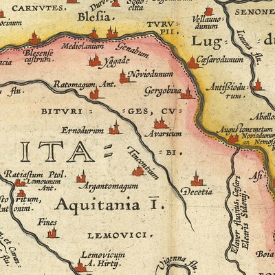 Alte Karte von Frankreich (Gallien, Gallia) in römischer Zeit von Ortelius, 1624: Paris, Lyon, Pyrenäen, Alpen, lateinische Namen 