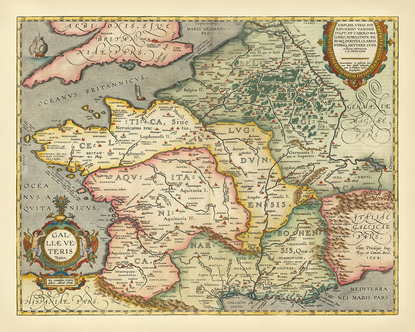 Alte Karte von Frankreich (Gallien, Gallia) in römischer Zeit von Ortelius, 1624: Paris, Lyon, Pyrenäen, Alpen, lateinische Namen 