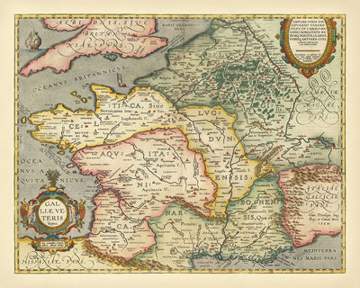 Ancienne carte de France par Ortelius, 1624 : Paris, Lyon, Pyrénées, Alpes, Mer Méditerranée