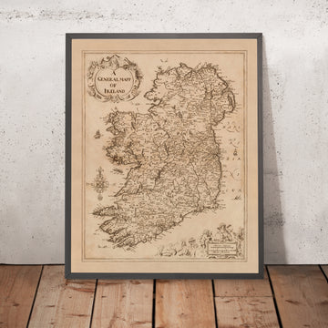 Mapa antiguo raro de Irlanda por Sir William Petty, 1685: Dublín, Cork, Limerick, Galway, Waterford 