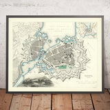 Ancienne carte de Genève par SDUK, 1870 : Lac Léman, Rhône, Jardin Botanique, fortifications massives du Bastion Fort 
