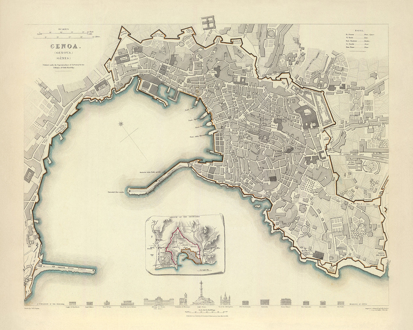 Mapa antiguo de Génova de Clarke, 1836: Catedral, Palacio Ducal, Faro, Teatro Carlo Felice, Universidad