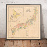 Carte géologique rare du Japon par Fesca & Harada, 1885 : Première carte géologique, légende détaillée, cartographie pionnière 